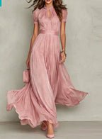 Violetta – High Neck Chiffon Maxi Dress | Lace Trim & Swing Skirt