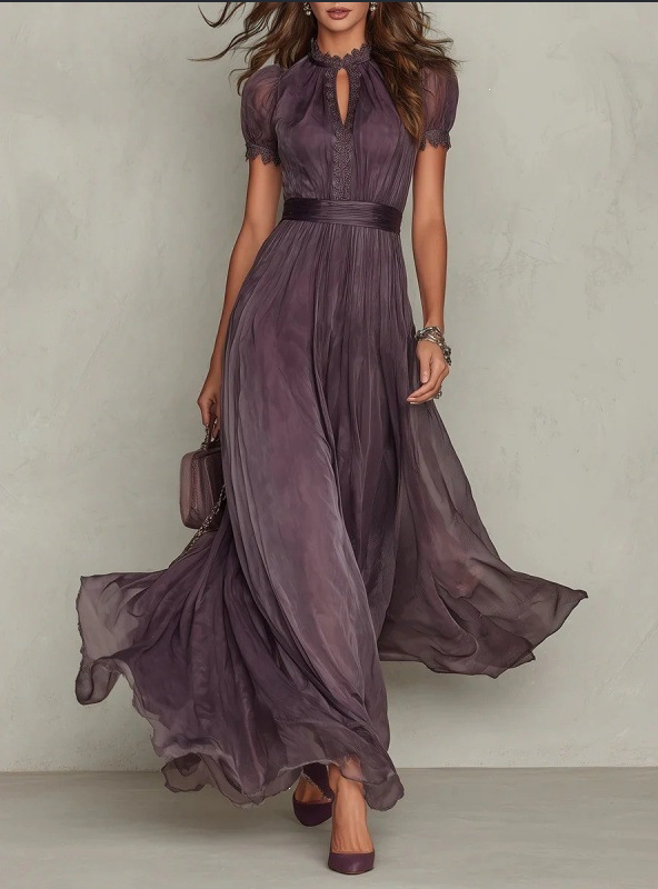 Violetta – High Neck Chiffon Maxi Dress | Lace Trim & Swing Skirt