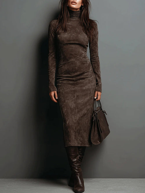 Camille faux suede high neck midi dress in chocolate brown