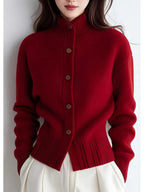 Rosalie Mock Neck Button Front Knit Cardigan in Red