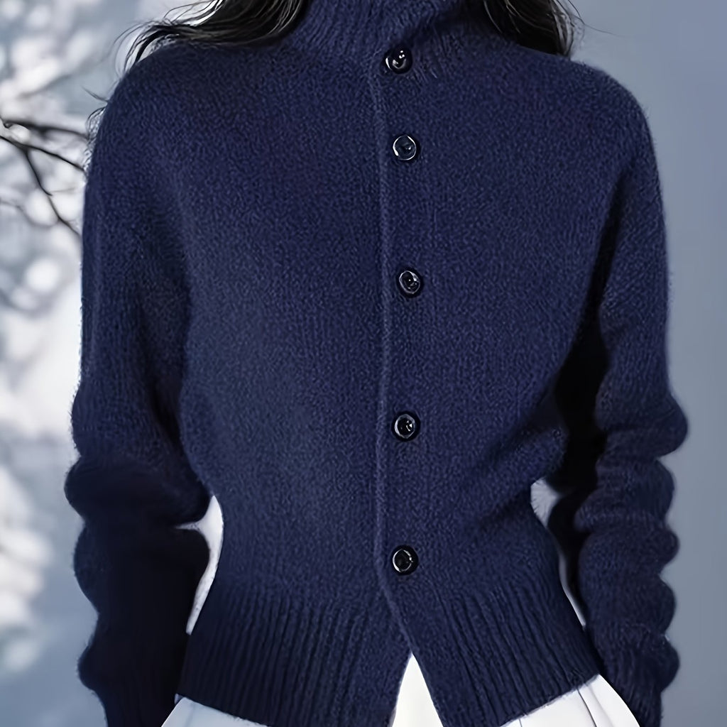 Rosalie Mock Neck Button Front Knit Cardigan in Navy