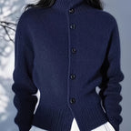 Rosalie Mock Neck Button Front Knit Cardigan in Navy