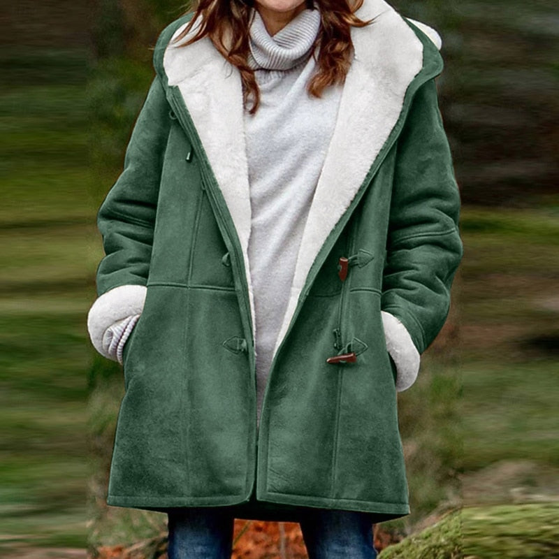 Marguerite Hooded Button Front Winter Coat in Green