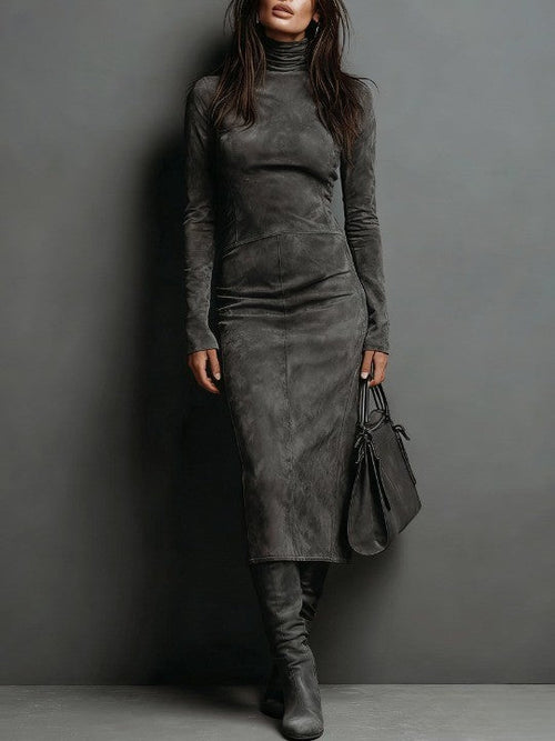 Camille faux suede high neck midi dress in dark gray