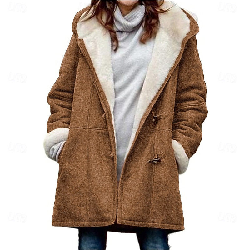 Marguerite Hooded Button Front Winter Coat in Khaki