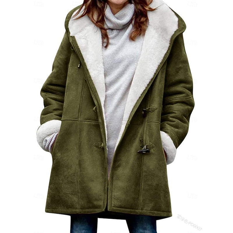 Marguerite Hooded Button Front Winter Coat in Army Green
