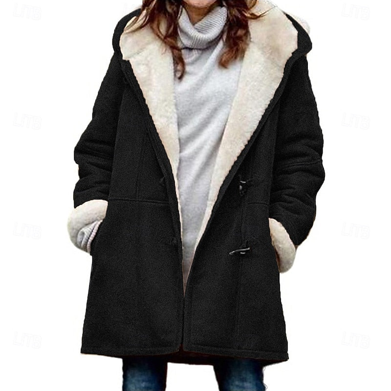 Marguerite Hooded Button Front Winter Coat in Black